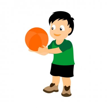 Elinde basketbol topu olan küçük bir çocuk. Beyaz arka planda yalıtılmış renk vektör çizimi.