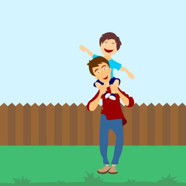 Küçük bir çocuğun, babasının omzunda, doğanın arka planında oturduğu vektör illüstrasyonu. Mutlu Babalar Günü için şablon veya tebrik kartı.