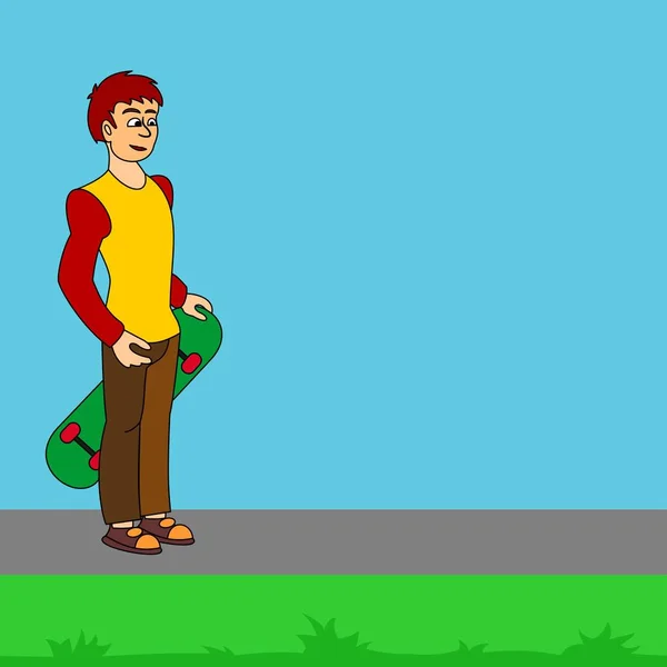 Stylish skater holding a skateboard in his left hand on nature background.  Vector graphic illustration for street cultures.