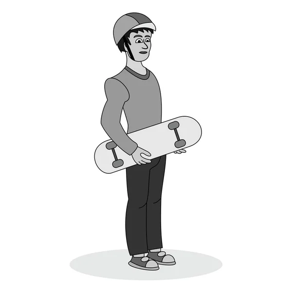 Stylish skater holding a skateboard in his right hand. Grey scale vector graphic illustration for street cultures.