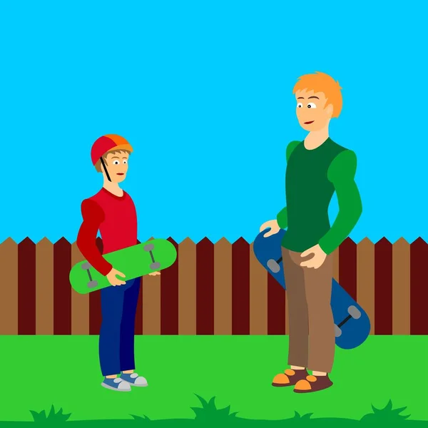 Stylish skaters holding a skateboard in his hands on nature background.  Vector graphic illustration for street cultures.