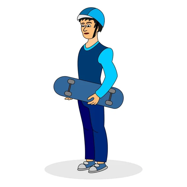 Stylish skater holding a skateboard in his left hand. Color vector graphic illustration for street cultures.