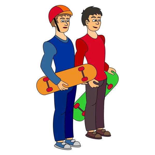 Stylish skaters holding a skateboard in his hands. Color vector graphic illustration on white background. Street cultures.