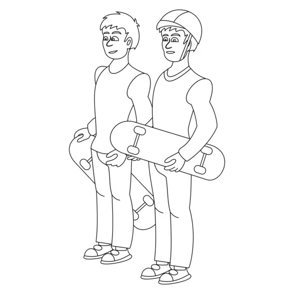 Stylish skaters holding a skateboard in his hands. Vector illustration with continuous lines on white background. Street cultures.