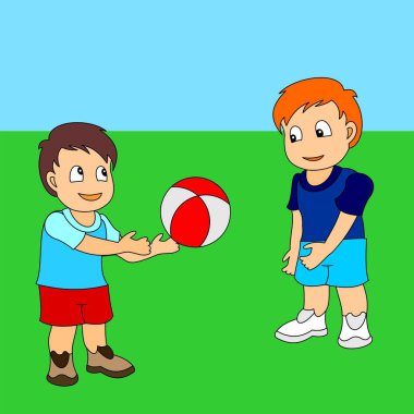 İki çocuk top oynuyor. Spor oynayan küçük çocukların vektör illüstrasyon.