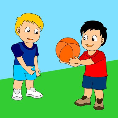 Basketbol oynayan iki çocuk. Spor oynayan küçük çocukların vektör illüstrasyon.