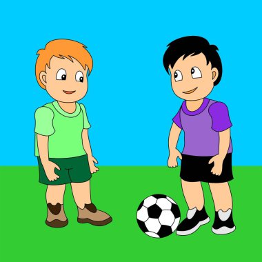İki çocuk futbol oynuyor. Spor oynayan küçük çocukların vektör illüstrasyon.