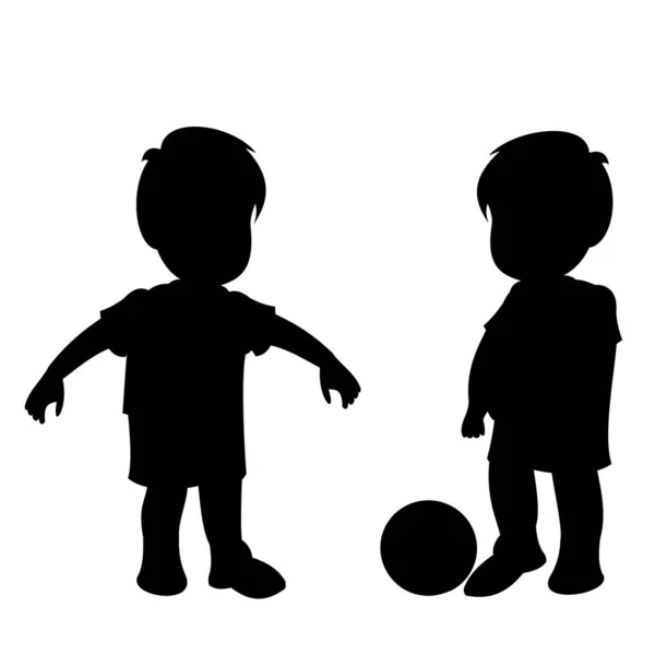 フットボールをしている二人の小さな男の子 白い背景に分離された黒いベクトルグラフィックイラスト — ストックベクタ