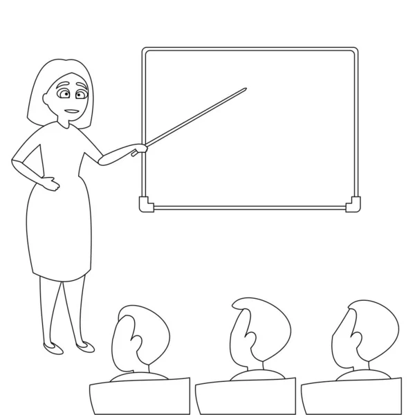 女老师向学生解释任务 学校演讲厅内部 白色背景上具有连续线的矢量插图 — 图库矢量图片