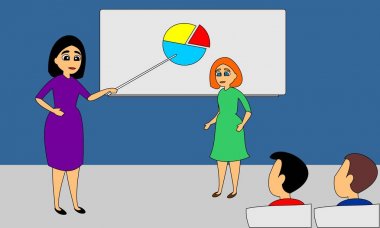 Öğretmen kadın öğrencilere görevi açıklar. Okul konferans salonu nun içi. Tam renklerin düz vektör çizimi.