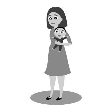 Kollarında bir bebek olan bir anne. Vektör gri ölçekli grafik illüstrasyon.