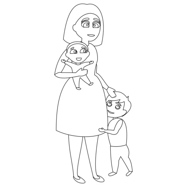 母亲有两个孩子 她怀里抱着一个 另一个站在她旁边 白色背景上具有连续线的矢量插图 — 图库矢量图片
