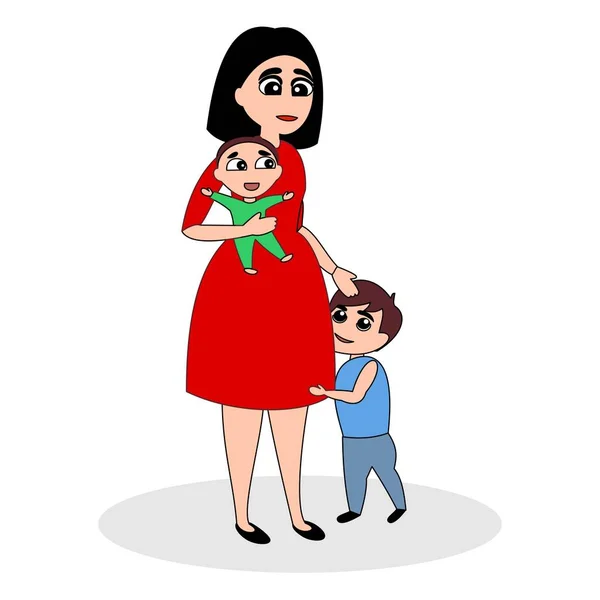 2人の子供を持つ母 彼女は片方を腕に抱き もう一方は横に立っている ベクトルカラーグラフィックイラスト — ストックベクタ