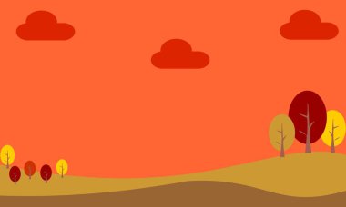 Sonbaharda panoramik manzara. Sonbahar manzara dağlar ve ağaçlar Vektör illüstrasyon.