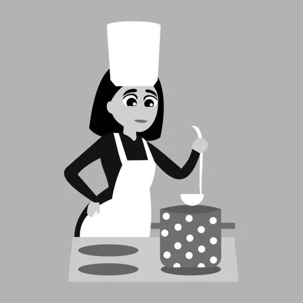 Mujer Parada Junto Estufa Cocinando Ilustración Gráfica Vectorial Escala Gris — Vector de stock