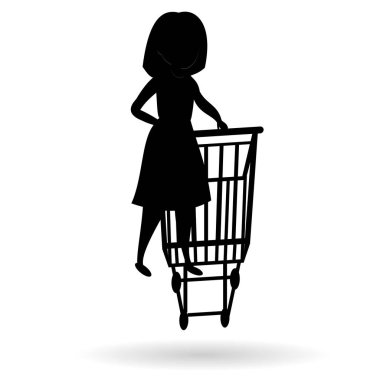 Alışveriş arabası olan bir kadının silueti. Kadın alışverişi. Gölgeli beyaz arka plan üzerinde vektör siyahı Çizimi.