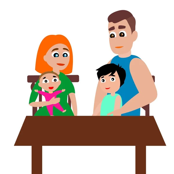 家族はテーブルに座っている 女の子 男の子白の背景にベクターカラーグラフィックイラスト — ストックベクタ