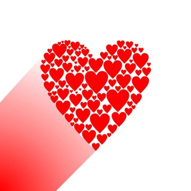 Kırmızı kalp farklı boyutlarda birçok kırmızı kalplerden oluşur. Uzun kırmızı gölgeli beyaz arka plan üzerinde vektör simgesi.