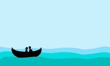 Sevgili çift denizin ortasında bir teknede otururlar. Balayı veya Sevgililer Günü için vektör mavisi çizimi. 