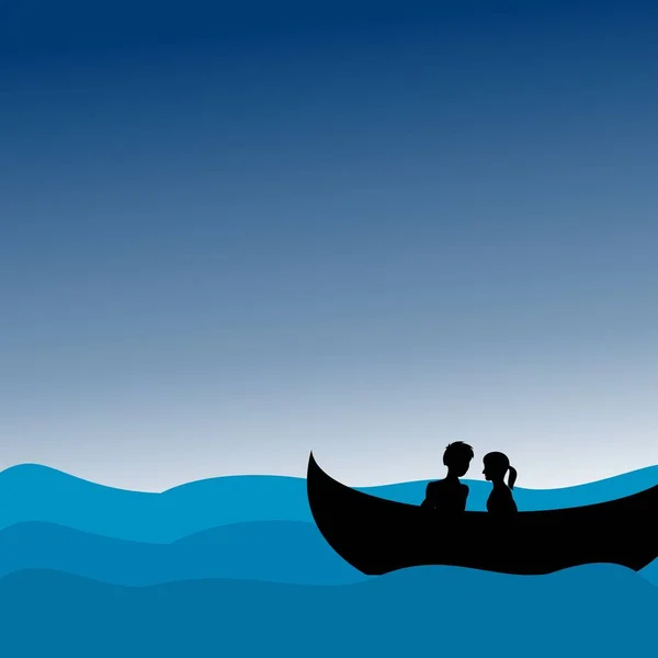 Amantes Casal Sentar Barco Meio Mar Ilustração Cor Rosa Vetorial — Vetor de Stock