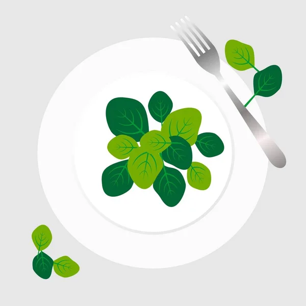 Fresh Green Spinach Leaves White Plate Fork Flat Top View — Stock Vector