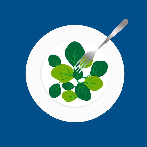 Fresh Green Spinach Leaves White Plate Fork Flat Top View — Stock Vector