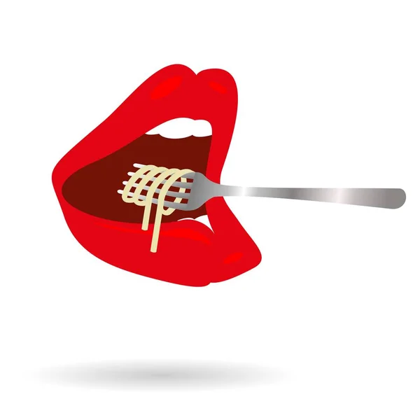 赤い唇の大きな口の中でパスタを食べる 白い背景に影が孤立したベクトルアイコン — ストックベクタ