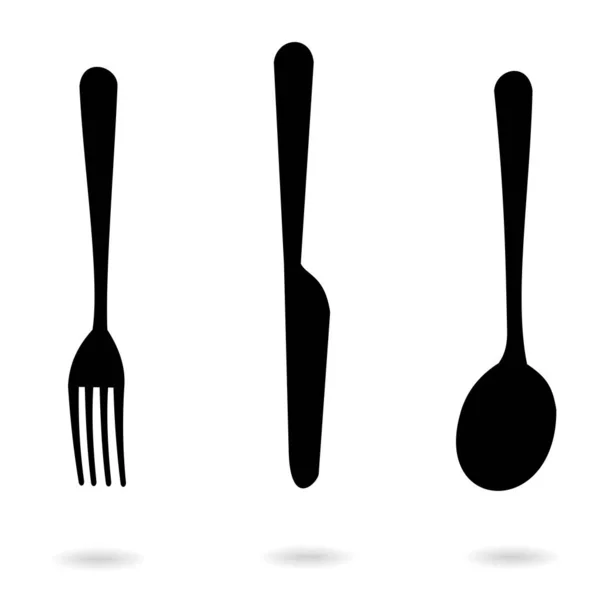 Set Icons Black Fork Spoon Knife Icons Shadow Isolated White — Stock Vector