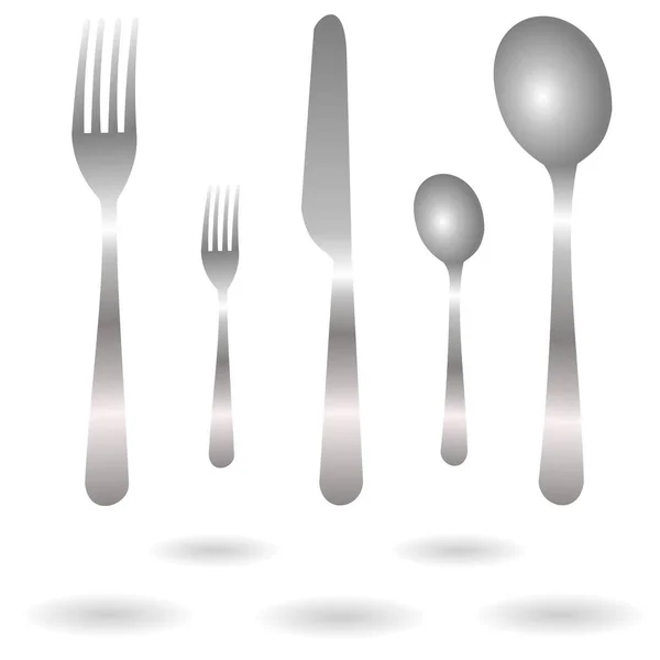 Set Realistic Grey Fork Spoon Knife Icons Shadow Isolated White — Stock Vector