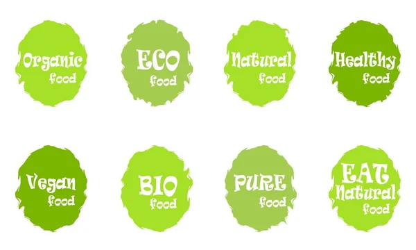 Set Diferentes Etiquetas Ecológicas Alimentos Verdes Ilustración Vectorial Vintage Etiqueta — Vector de stock