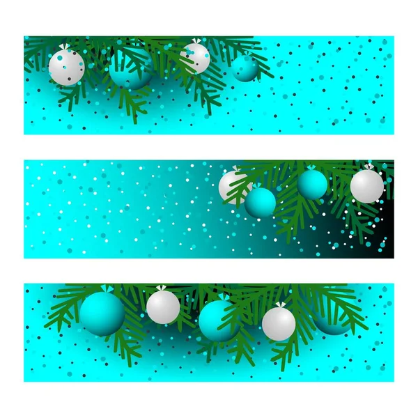 Set Three Christmas Banners Balls Fir Branches Vector Graphic Illustration — Stock Vector