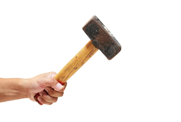 Close Hand Holding Big Hammer White Background — Stok Foto