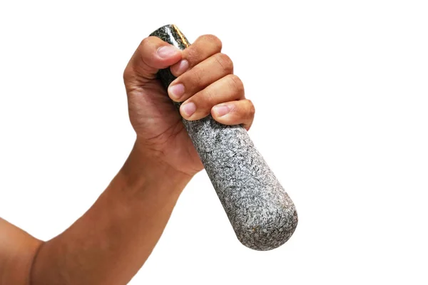 Закрыть Руки Каменный Пестик Руке Человека Белом Фоне — стоковое фото