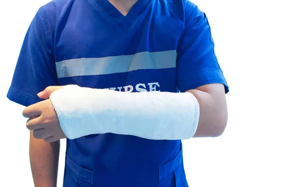 Close up A Nurse accident and on shot arm cast. — Stock Photo, Image