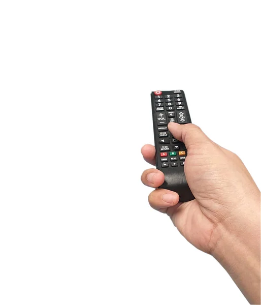 Mano que sostiene la televisión y el control remoto de audio aíslan en whit — Foto de Stock