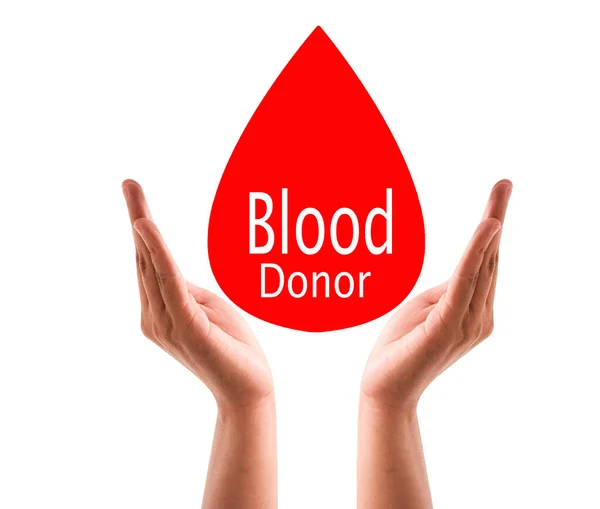 手で献血者の日の背景を保存します赤いドロップハートと手で寄付チャリティコンセプトのための献血者の日キャンペーン 血を与えることは命を救う — ストック写真