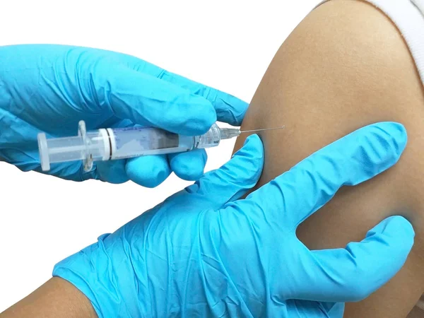 Close Hands Nurse Vaccination Flu Patients Using Syringe Vaccinating Women — Stock Photo, Image