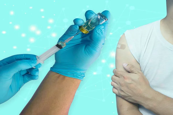 Közelkép Vakcina Injekciós Üveg Adag Influenza Lövés Kábítószer Fecskendő Férfi — Stock Fotó
