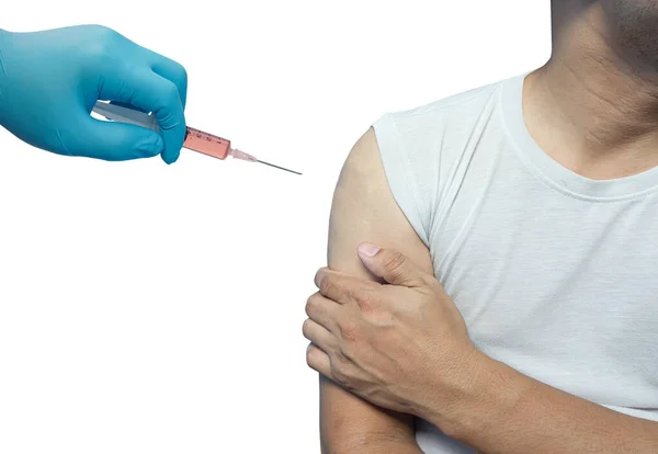 Közelkép Vakcina Injekciós Üveg Adag Influenza Lövés Kábítószer Fecskendő Férfi — Stock Fotó