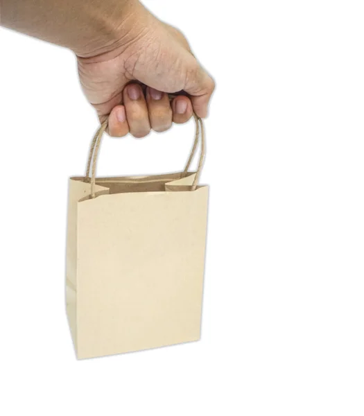 Primer Plano Mano Sosteniendo Bolsa Papel Kraft Blanco Aislada Sobre — Foto de Stock