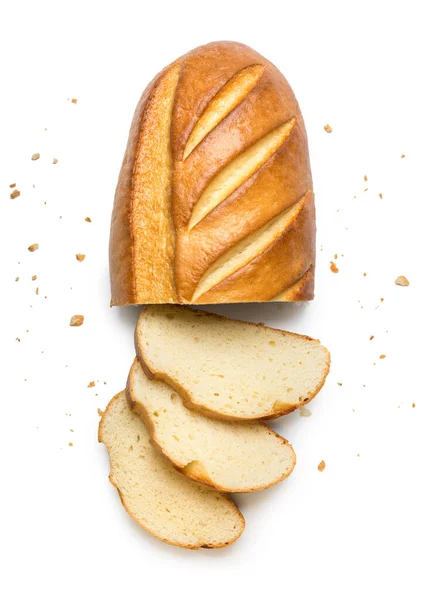 Gesneden Wit Lang Brood Geïsoleerd Een Witte Achtergrond — Stockfoto