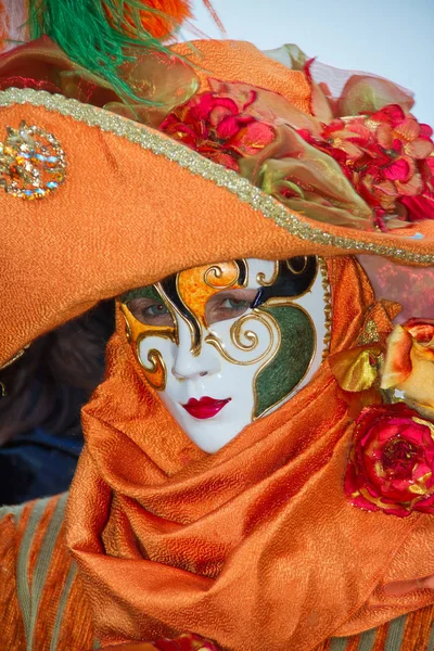 Costumed Reveler Carnival Venice Orange Costume Looking Camera Royalty Free Stock Photos