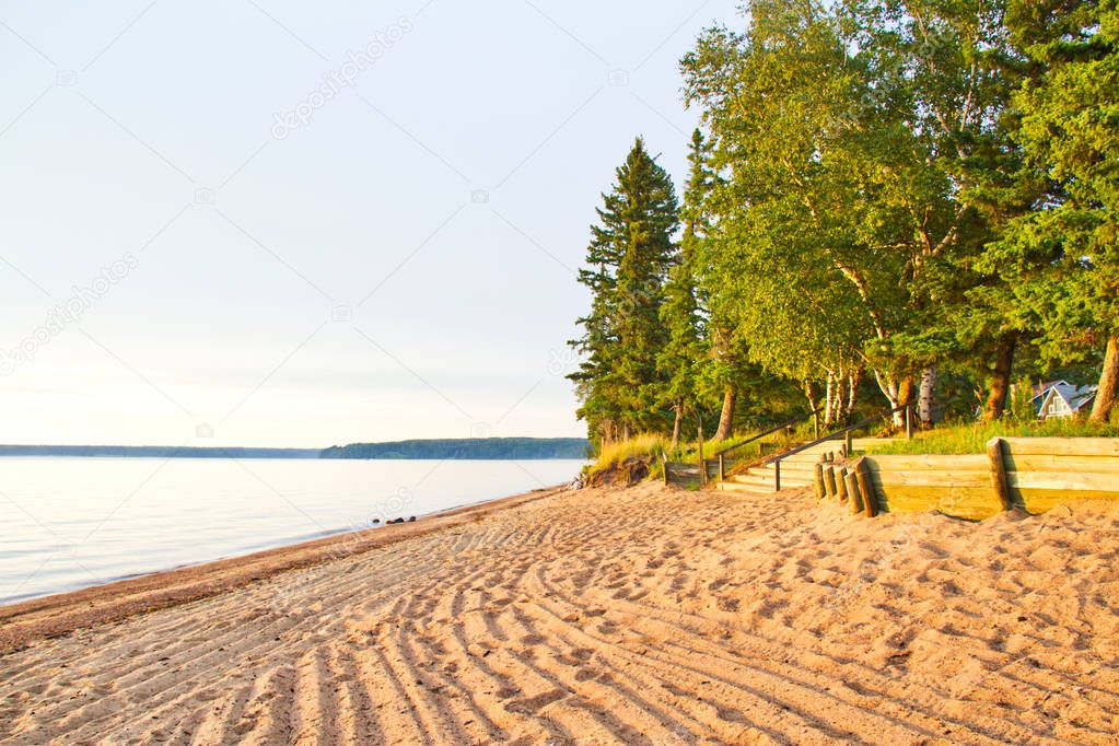 Lines in the sandy beach of Waskesiu Lake in Prince Albert National Park of Canada.