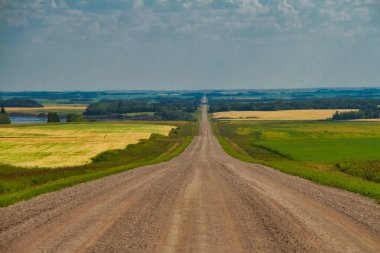 Ufuk Great Plains Saskatchewan, Kanada için düz bir toprak yol başlığı