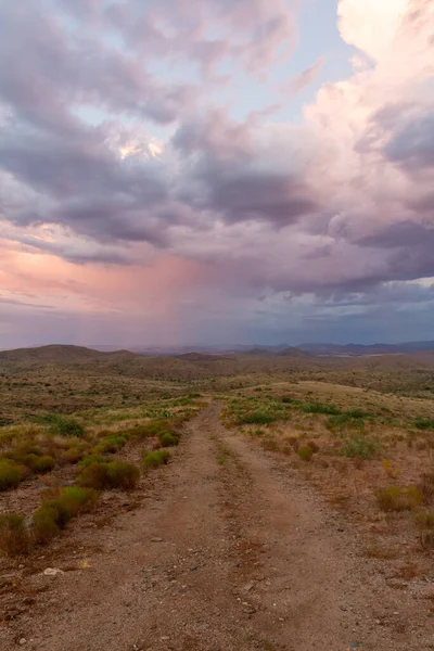 A dirt road leading to a distant monsoon during sunset in the desert of Arizona.