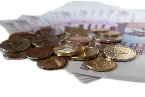 ruble sikkeler 500 ruble banknotlar fan bir arka plana dayanır yakın çekim