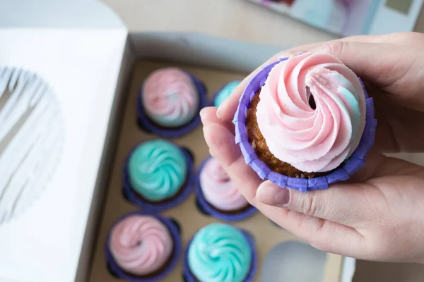 Cupcake Com Creme Rosa Azul Nas Mãos Uma Menina Fundo — Fotografia de Stock