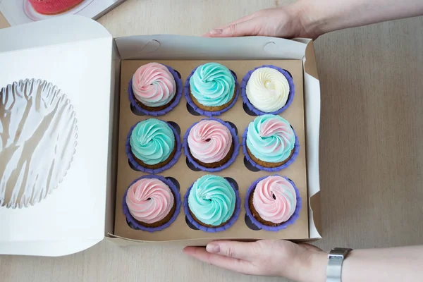 bir renkli krem ile cupcakes iki kadınların elleri, flatlay tablo kutun