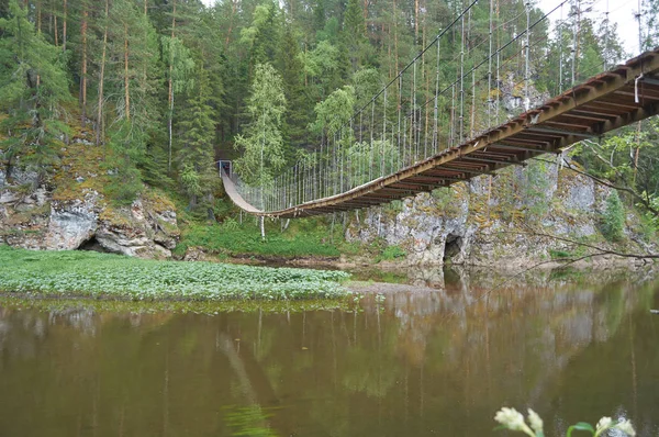 Karst asma köprüsü. Serga nehri üzerinde. Ormanda.