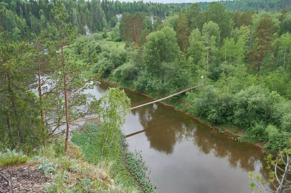 Підвісний міст над річкою в лісі в хмарній хмарності — стокове фото